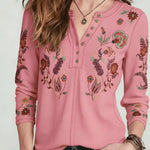 Women's Floral Print Stretch Knit Cotton Henley Top