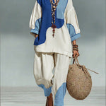 Casual Artistic Color-blocked Linen And Cotton Top And Pants Two-piece Set