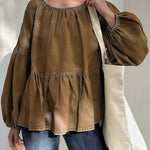 Women's Round Neck Long-sleeved Loose-fitting Casual Denim Top.