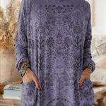 Women's Retro Print High-neck Long-sleeve Casual Loose Cotton Top