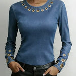 Women's Round Neck Long Sleeve Faux Denim Stretch Casual Loose Denim Top