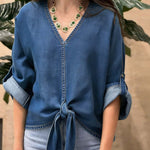 Women's V-neck Long-sleeved Tie-waist Loose-fitting Denim Top