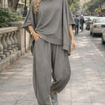 Women's Solid Color Stand-collar 3/4 Sleeve Casual Loose Knit Top And High-waisted Casual Loose Wide-leg Pants Set.