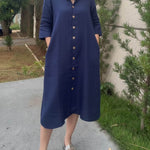 Women's Solid Color Shirt Collar 3/4 Sleeve Casual Loose Cotton And Linen Dress