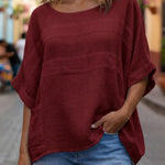 Women's Solid Color Round Neck 3/4 Sleeve Casual Loose Linen Top