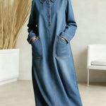 Women's New Spring Collection Peter Pan Collar Long-sleeved Casual Loose Denim Dress With Pockets.