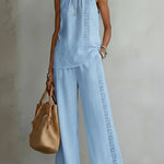 Retro Cozy Lace Top And Wide-leg Pants Linen Set