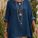 Casual V-neck Pocketed Irregular Hem Cotton And Linen Shirt