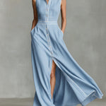 Women's Collared Sleeveless Casual Loose Long Cotton Linen Dress