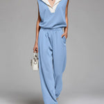 Women's Lapel Sleeveless Casual Loose Top And Elastic Waist Loose Wide-leg Pants Cotton Set