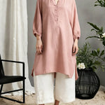 Women's Solid Color V-neck 3/4 Sleeve Casual Loose Fit Cotton Long Shirt