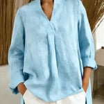 Women's Solid Color V-neck Long Sleeve Casual Loose Cotton Top