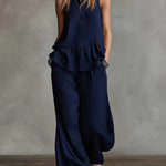 Women's Round Neck Sleeveless Casual Loose Cotton Top And High Waist Casual Loose Wide Leg Pants Set