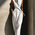 Elegant Collared Sleeveless Linen Cotton Jumpsuit