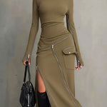 Stylish Casual Zipper Design Tops And Irregular Skirt Stretch Set