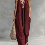 Women's Solid Color V-Neck Halter Neck Sleeveless Casual Loose Cotton Linen Wide-Leg Jumpsuit