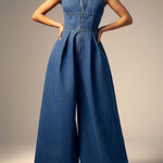 Women's Sleeveless Front-zip Wide-leg Denim Jumpsuit