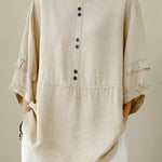 Women's Solid Color Casual Round Neck Button Cotton Linen Shirt