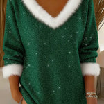 Women's Christmas V-neck Faux Rabbit Fur Sweater Top