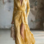 Women's Small Check Multi-color Linen-cotton Blend Long Dress
