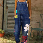 Women's Vintage Floral Art Print Casual Cotton Vest And Denim Jumpsuit