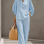 Natalia | Linen set with batwing sleeves and wide-leg trousers