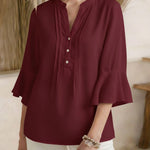 Women's V-neck 3/4 Sleeve Casual Loose Linen Top