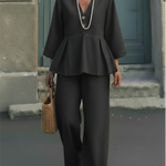 Elegant 100% Cotton Denim V-neck Shirt And Wide-leg Pants Two-piece Set