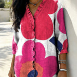 Women's Retro Gradient Flowers Floral Art Casual Denim V-neck Ruffled Shirt