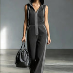 Casual Patchwork Striped Hooded Denim Jumpsuit
