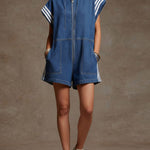 Women's Stand-collar Short-sleeved Casual Loose Short Denim Wide-leg Jumpsuit