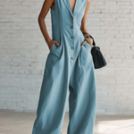 Elegant Lapel Button-up Loose-fitting Linen Jumpsuit