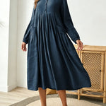Women's Solid Color Round Neck Long-sleeved Casual Loose Cotton And Linen Dress