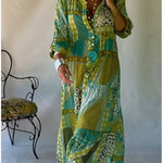 Loose-fitting Casual Linen And Cotton Floral Print Shirt Dress