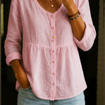 Women's Linen Cotton Blend Shirt - 3/4 Sleeve Crew Neck Loose Hip-Length Casual Blouse