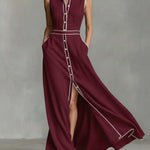 Women's Collared Sleeveless Casual Loose Long Cotton Linen Dress