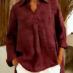 Women's Solid Color V-neck Long-sleeved Casual Loose Cotton And Linen Top