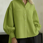Elegant Stand-collar Puff-sleeved Cotton Shirt