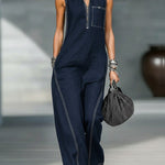 Women's Stand-collar Sleeveless Casual Loose Cotton And Linen Jumpsuit