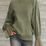Women's Solid Color Round Neck Long-sleeved Casual Loose Sweatshirt With Mesh Paneling.
