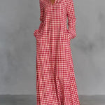 Women's Plaid Print V-neck Long-sleeved Casual Loose Cotton And Linen Dress