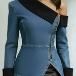 Women's One-shoulder Neckline Long-sleeved Casual Loose Denim Patchwork Top