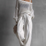 Women's Cozy Openwork Knit Top And Linen-cotton Pants Two-piece Set.