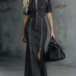 Casual Zippered Denim Fishtail Dress