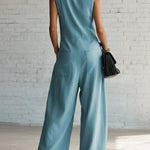 Elegant Lapel Button-up Loose-fitting Linen Jumpsuit