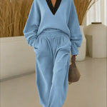 Women's Color Block V-neck Long-sleeve Casual Loose Sweatshirt With Elastic Waist And Wide-leg Pants Set