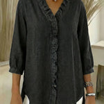 Women's Casual Denim V-Neck Ruffled Shirt