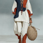 Casual Artistic Color-blocked Linen And Cotton Top And Pants Two-piece Set