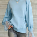 Women's Solid Color Round Neck Long-sleeved Casual Loose Sweatshirt With Mesh Paneling.