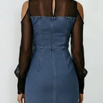 Women's Stand Collar Long Sleeve Chiffon Patchwork Casual Slim Denim Dress